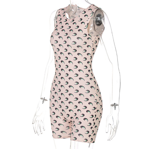 Fashion printed round neck sleeveless slim-fit buttocks jumpsuit P155138A