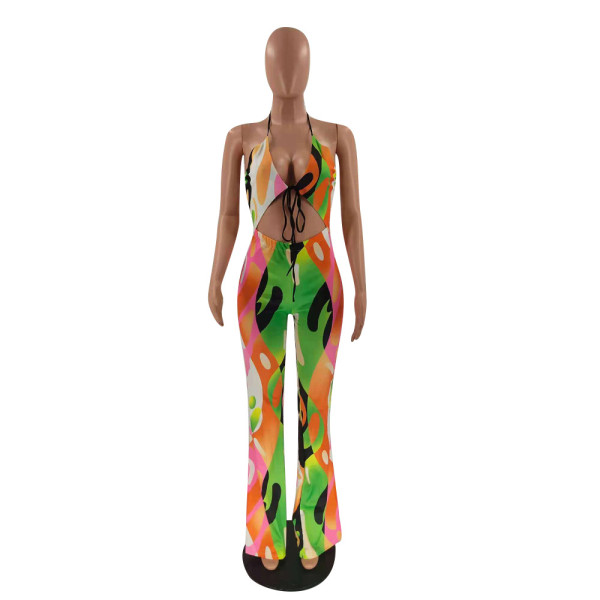 Positioning printed halter wide leg fashion sexy jumpsuit OM1170