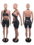 Hollow sleeveless printed strappy sexy skinny jumpsuit HY8055