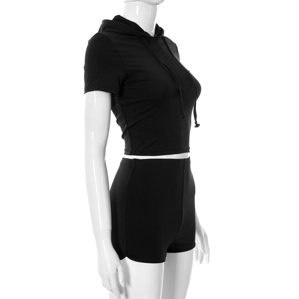 Hooded solid color short-sleeved high-waist shorts casual sports suit A21ST232
