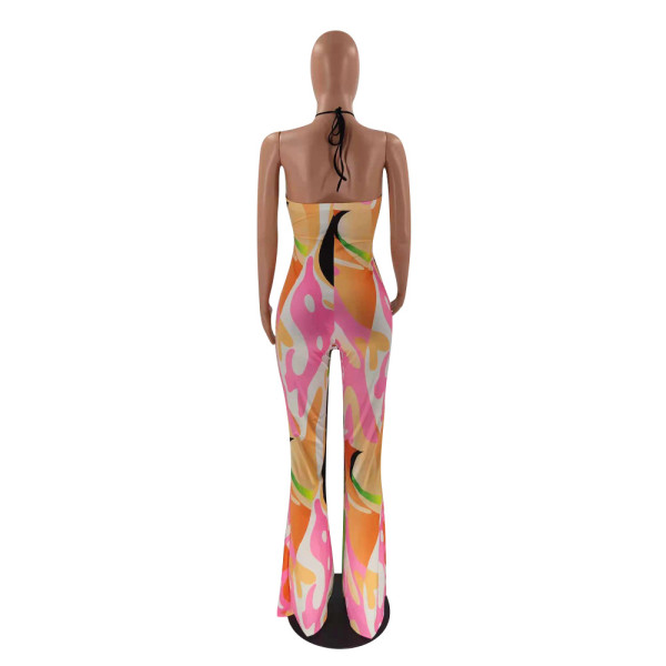 Positioning printed halter wide leg fashion sexy jumpsuit OM1170