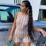 Fashion printed round neck sleeveless slim-fit buttocks jumpsuit P155138A