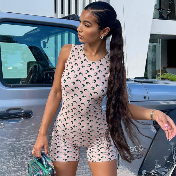Fashion printed round neck sleeveless slim-fit buttocks jumpsuit P155138A