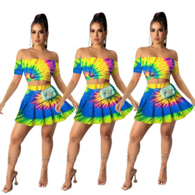 Fashion wrapped chest pleated skirt with waist positioning printed spring and summer two-piece set OM1678