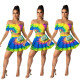 Fashion wrapped chest pleated skirt with waist positioning printed spring and summer two-piece set OM1678