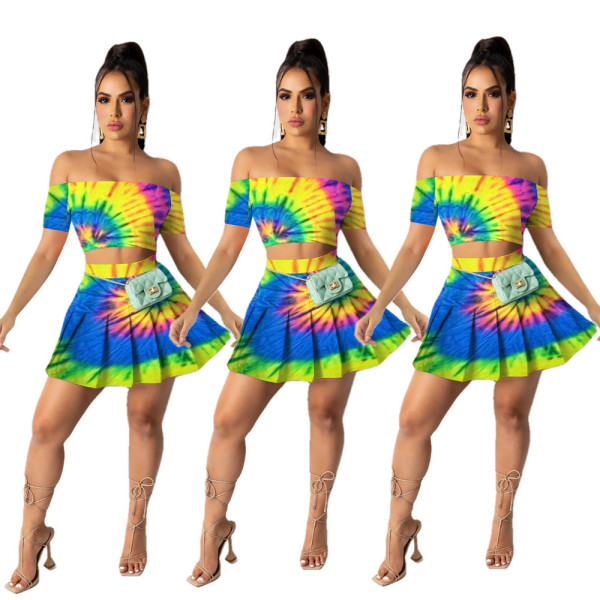 Fashion wrapped chest pleated skirt with waist positioning printed spring and summer two-piece set OM1678