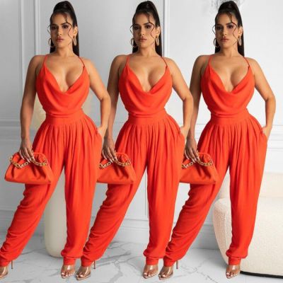 Fashion sexy loose back deep V solid color jumpsuit Y8077
