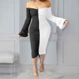 Fashion sexy drawstring pleated collar color dress OM1566
