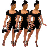 Summer fashion ring side hollow black short-sleeved jumpsuit BC3026