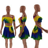Fashion wrapped chest pleated skirt with waist positioning printed spring and summer two-piece set OM1678
