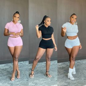 Hooded solid color short-sleeved high-waist shorts casual sports suit A21ST232