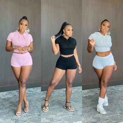 Hooded solid color short-sleeved high-waist shorts casual sports suit A21ST232