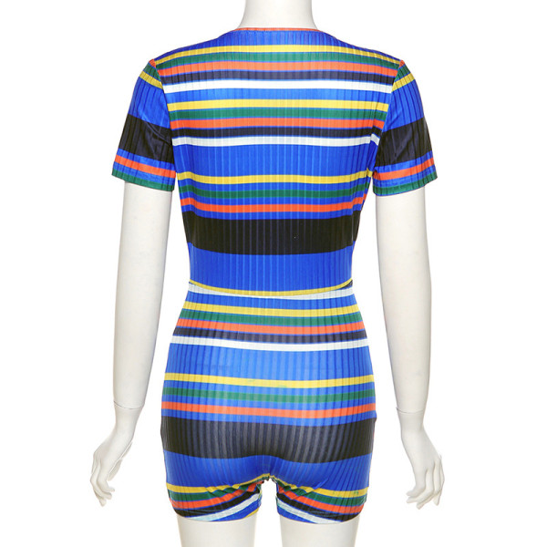 New Color Striped Printed Slim Deep V-neck Sexy Sports Jumpsuit  K21Q02928