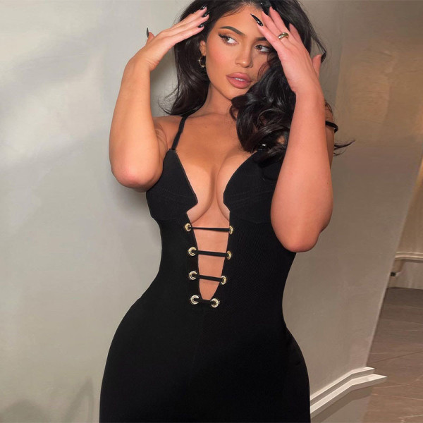 New style stand-up collar fashion V-neck suspender halter sexy skinny jumpsuit K21Q03326