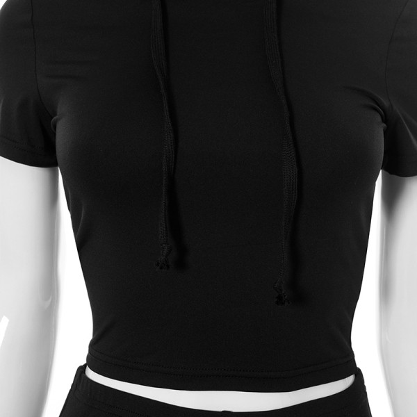 Hooded solid color short-sleeved high-waist shorts casual sports suit A21ST232