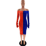 Fashion sexy drawstring pleated collar color dress OM1566