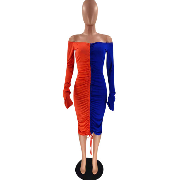 Fashion sexy drawstring pleated collar color dress OM1566
