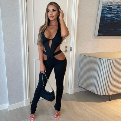 Fashion Irregular Low Cut Vest Sexy Hollow Skinny Pants  K21S03376