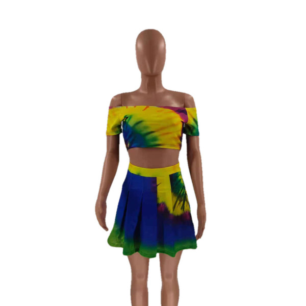 Fashion wrapped chest pleated skirt with waist positioning printed spring and summer two-piece set OM1678