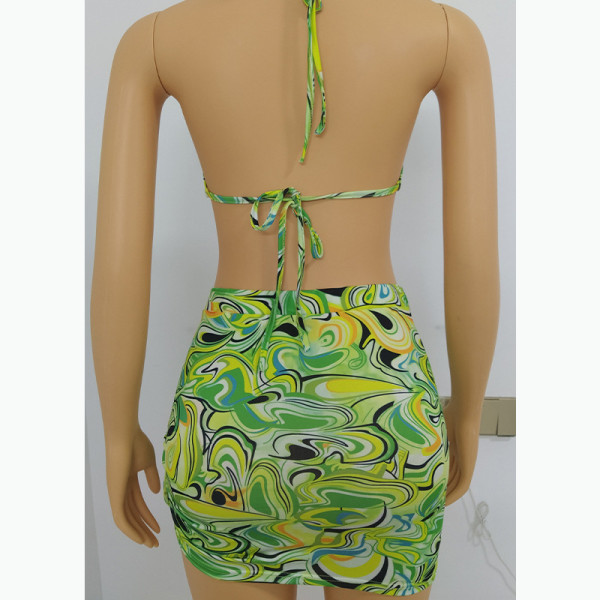 Sexy abstract print short skirt  tie-up vest 2-piece set FFD1119