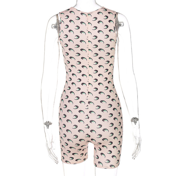 Fashion printed round neck sleeveless slim-fit buttocks jumpsuit P155138A