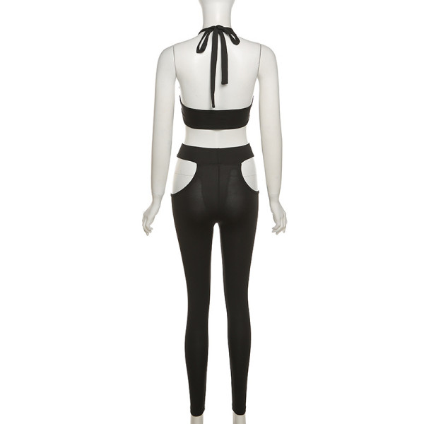 Fashion Irregular Low Cut Vest Sexy Hollow Skinny Pants  K21S03376