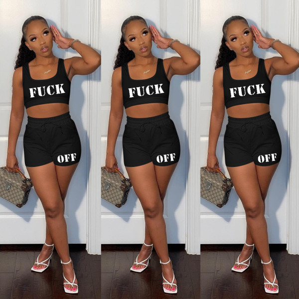 Letter printing solid color fashion sexy sports and leisure two-piece suit OM1299