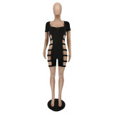 Summer fashion ring side hollow black short-sleeved jumpsuit BC3026