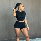 Hooded solid color short-sleeved high-waist shorts casual sports suit A21ST232