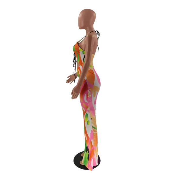 Positioning printed halter wide leg fashion sexy jumpsuit OM1170