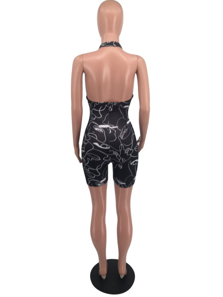 Hollow sleeveless printed strappy sexy skinny jumpsuit HY8055