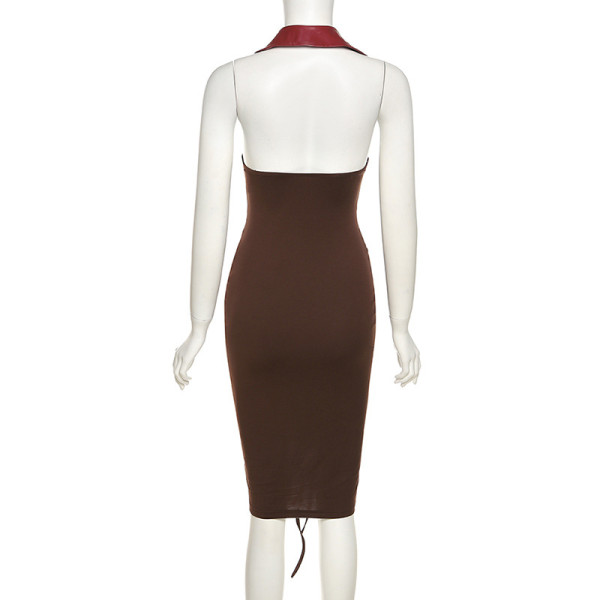 Fashion suit collar low-cut ruffled sexy bag hip dress  K21D03346