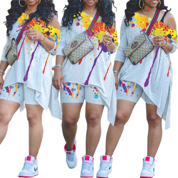 Two-piece set of slanted shoulders with positioning ink-splash printing LY009