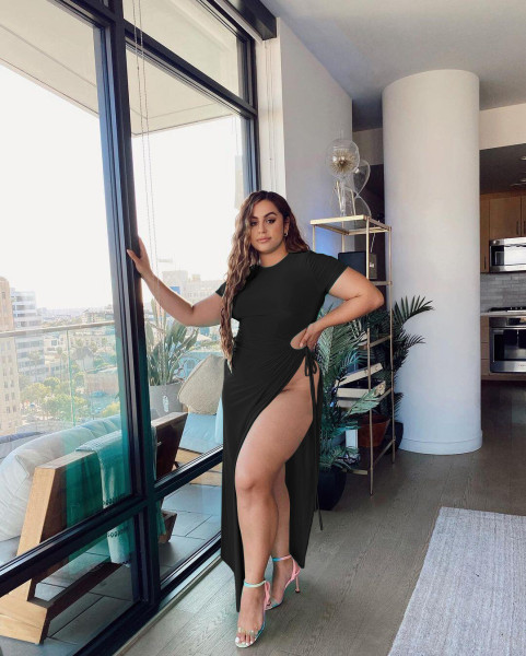 Plus size women's sexy fat lady high slit tie rope dress DN8605