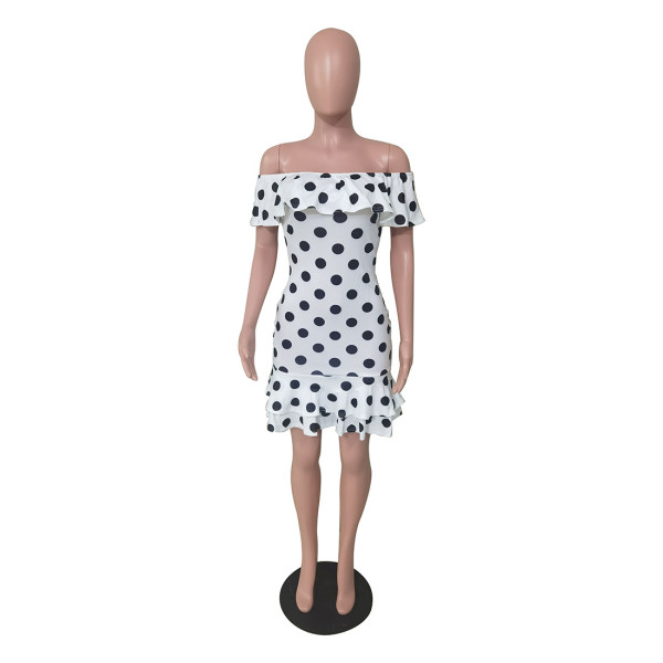 Fashion sexy one-shoulder ruffled polka dot print dress YZ1278
