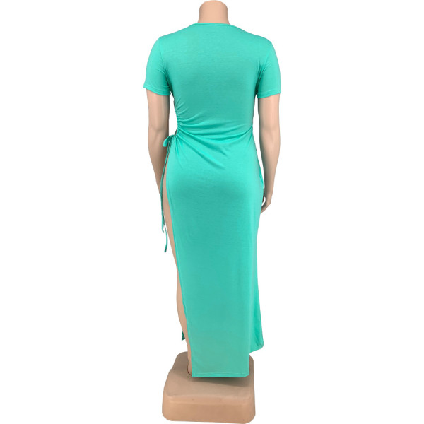 Plus size women's sexy fat lady high slit tie rope dress DN8605