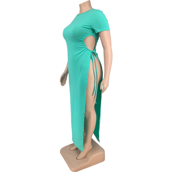 Plus size women's sexy fat lady high slit tie rope dress DN8605
