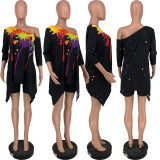 Two-piece set of slanted shoulders with positioning ink-splash printing LY009