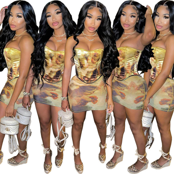 Two-piece dress with personalized oil painting print LY028