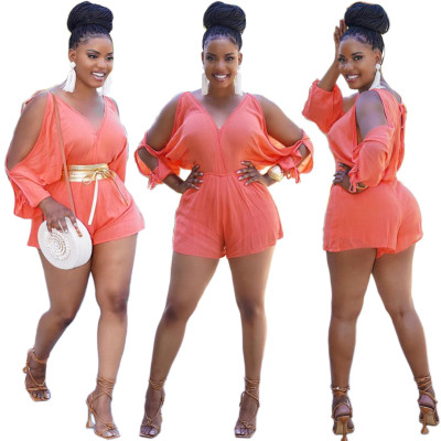 V-neck strapless sunscreen loose bat sleeve solid color hollow casual jumpsuit A5076