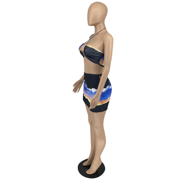 Sexy two-piece suit with casual print skirt line decoration FM2029
