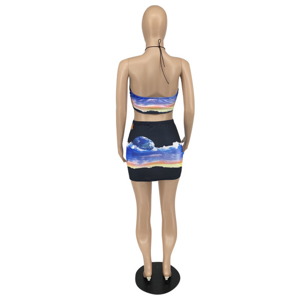 Sexy two-piece suit with casual print skirt line decoration FM2029