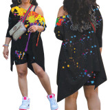 Two-piece set of slanted shoulders with positioning ink-splash printing LY009