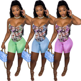 Oil painting printed body sculpting zipper two-piece set LY020