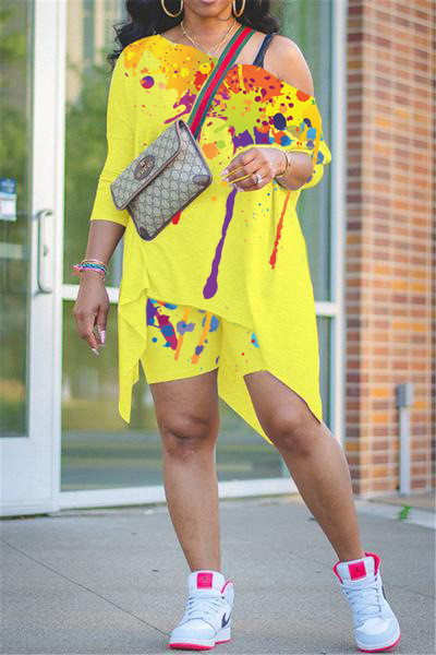 Two-piece set of slanted shoulders with positioning ink-splash printing LY009