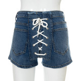 Solid color buckle back strap stretch slim denim shorts A21PT254