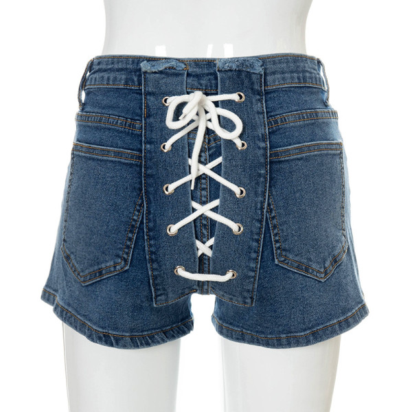 Solid color buckle back strap stretch slim denim shorts A21PT254