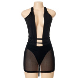Solid color mesh stitching halter neck lace see-through dress X21DS222