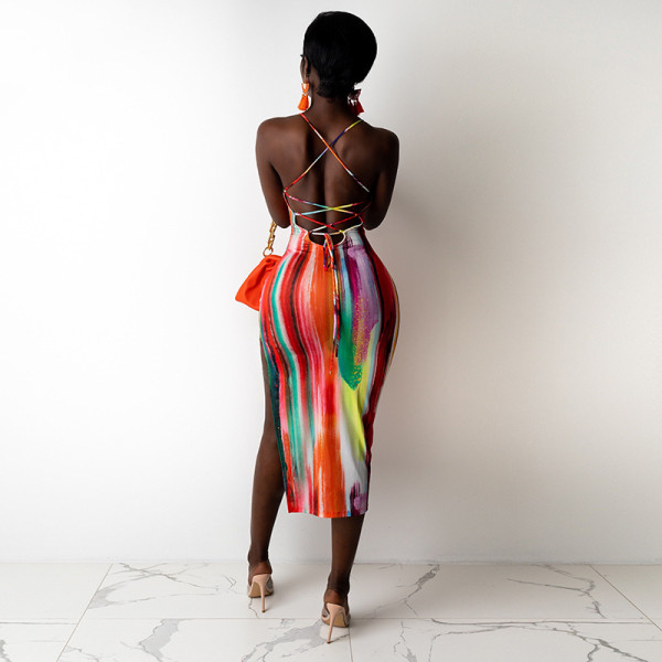 Sexy Halter Print Slit Sling Dress  D145001G