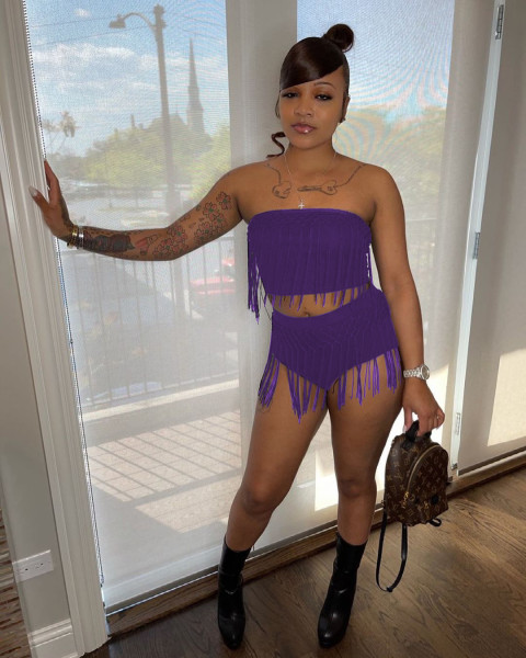 Fringed tube top swimsuit style two-piece suit LY034